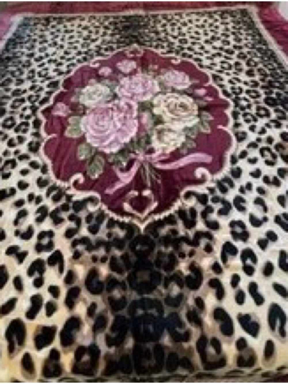 Plush Leopard Print Throw Blanket with Rose Medallion - Burgundy